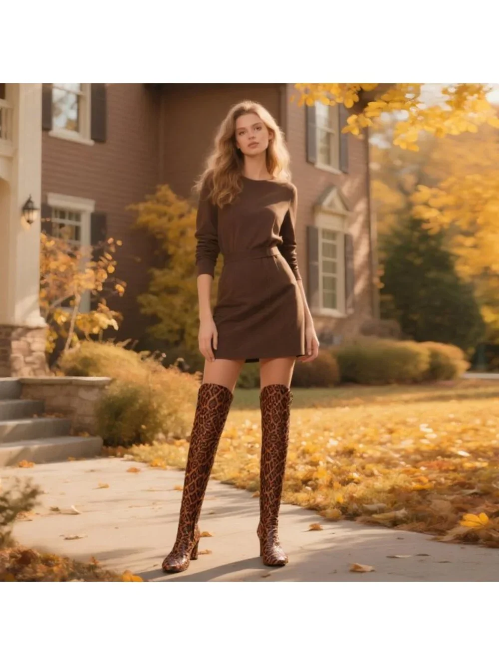Women's Brown Thick Pointed Toe Chunky Heel Side Zipper Over The Knee High Boots